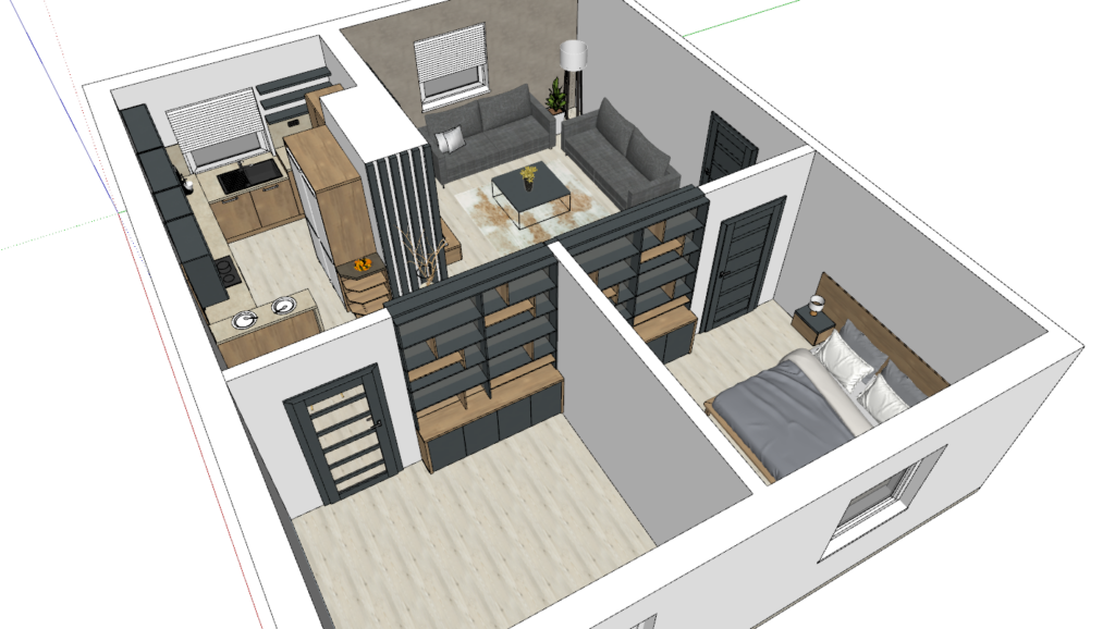 Půdorysné uspořádání bytu 3+1 - návrh kuchyně, obyváku a ložnice