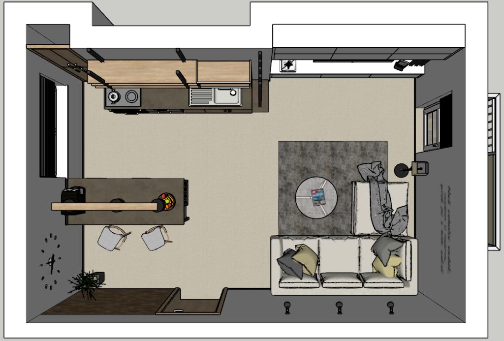 Půdorysný pohled na moderní byt - kuchyň, bar a obývací kout