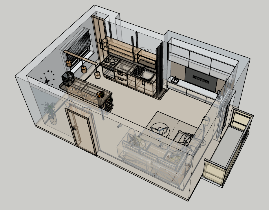Izometrický pohled na moderní byt - kuchyň, bar a obývací kout