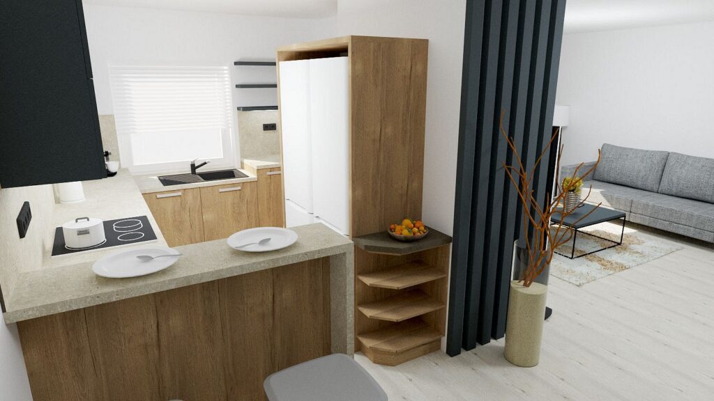 Vizualizace bytu - pohled z dveří ložnice na kuchyň a obývák